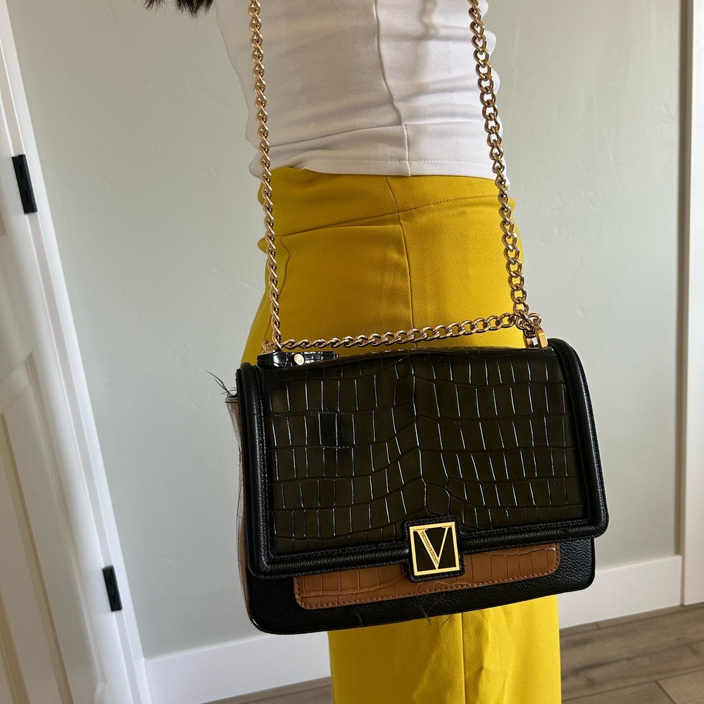 Victoria's Secret Black and Brown Crocodile Textured Shoulder Bag